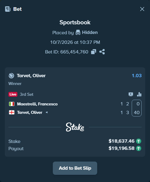 Bet slip: Maestrelli, Francesco - Tarvet, Oliver, $18,630.00 stake at 1.03 odds, placed by Hidden