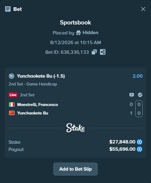 Bet slip: Maestrelli, Francesco - Yunchaokete Bu, $27,848.00 stake at 2.00 odds, placed by Hidden