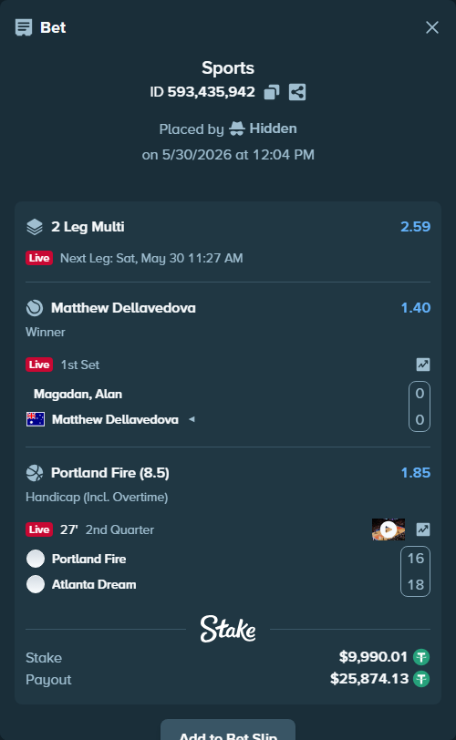 Bet slip: Magadan, Alan - Matthew Dellavedova, $10,000.00 stake at 1.40 odds, placed by Hidden