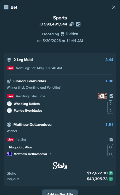Bet slip: Magadan, Alan - Matthew Dellavedova, $12,635.00 stake at 1.91 odds, placed by Hidden