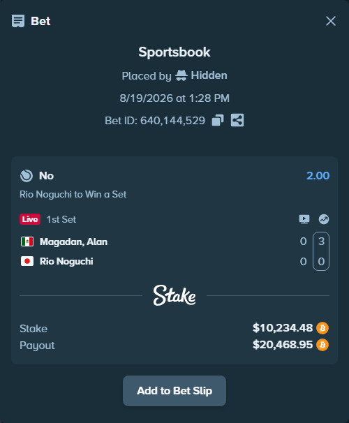 Bet slip: Magadan, Alan - Rio Noguchi, $10,242.32 stake at 2.00 odds, placed by Hidden