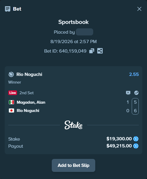 Bet slip: Magadan, Alan - Rio Noguchi, $19,300.00 stake at 2.55 odds, placed by kuwkuw