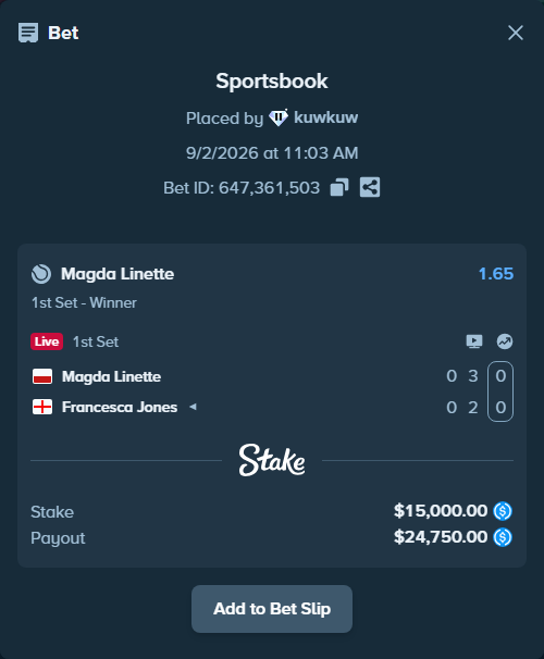 Bet slip: Magda Linette - Francesca Jones, $15,000.00 stake at 1.65 odds, placed by kuwkuw