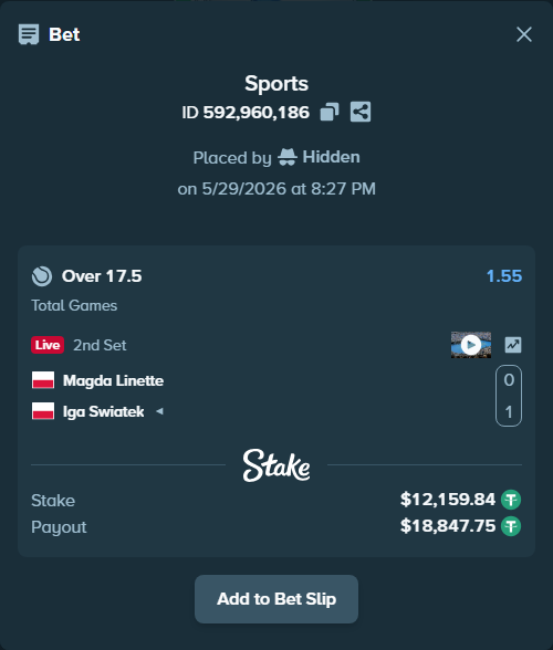 Bet slip: Magda Linette - Iga Swiatek, $12,172.00 stake at 1.55 odds, placed by Hidden