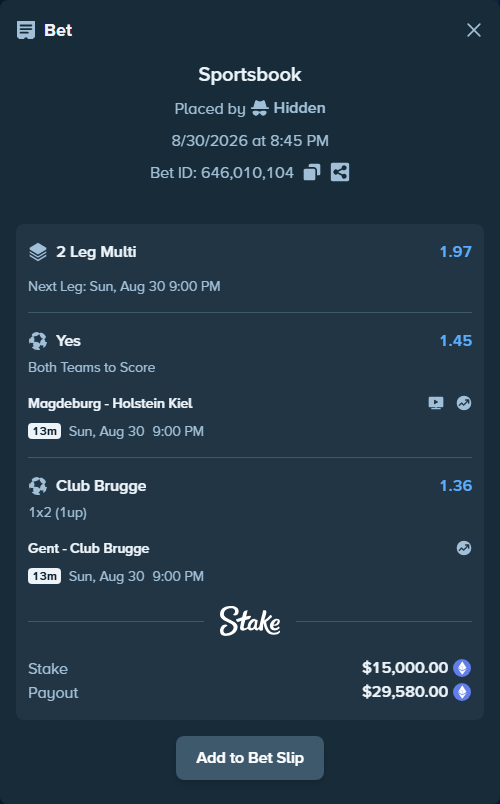 Bet slip: Magdeburg - Holstein Kiel, $15,310.56 stake at 1.45 odds, placed by Hidden
