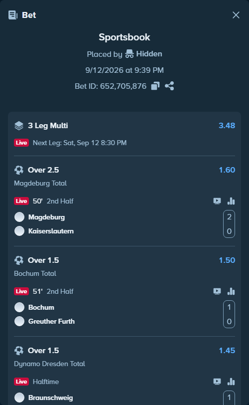 Bet slip: Magdeburg - Kaiserslautern, $61,815.00 stake at 1.60 odds, placed by Hidden