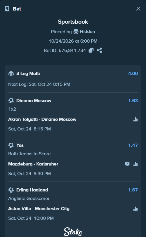 Bet slip: Magdeburg - Karlsruher, $11,778.93 stake at 1.47 odds, placed by Hidden