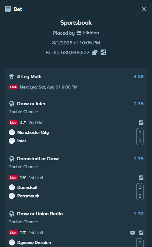 Bet slip: Magdeburg - West Ham, $28,808.78 stake at 1.30 odds, placed by Hidden