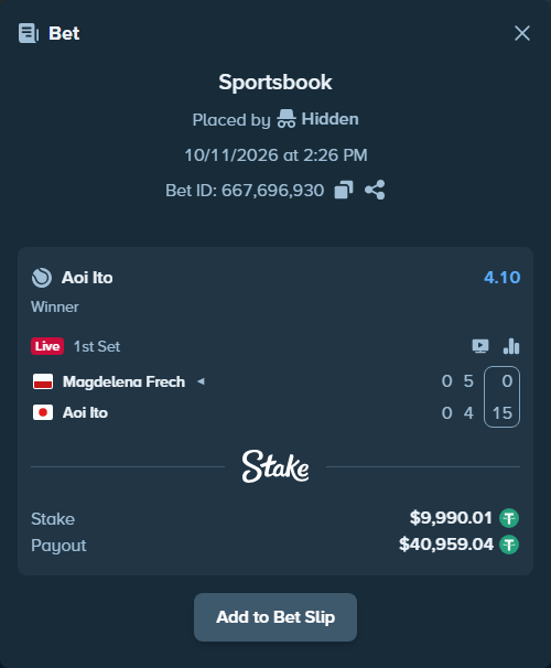 Bet slip: Magdelena Frech - Aoi Ito, $10,000.00 stake at 4.10 odds, placed by Hidden