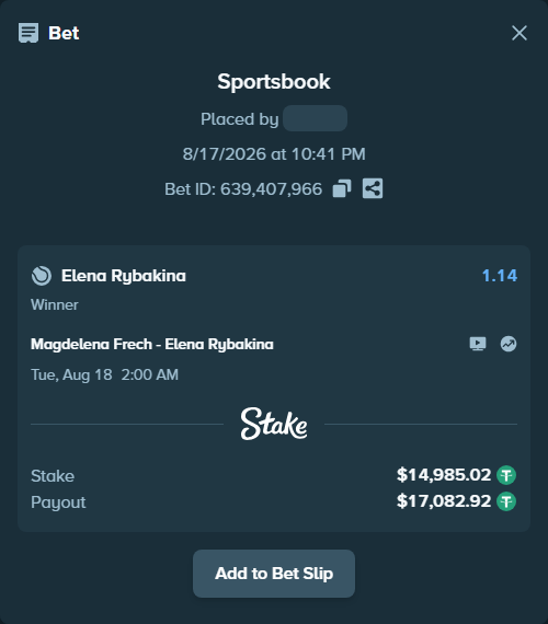 Bet slip: Magdelena Frech - Elena Rybakina, $15,000.00 stake at 1.14 odds, placed by Shin8989