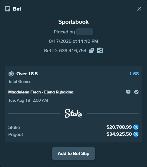Bet slip: Magdelena Frech - Elena Rybakina, $20,788.99 stake at 1.68 odds, placed by OlegStake27
