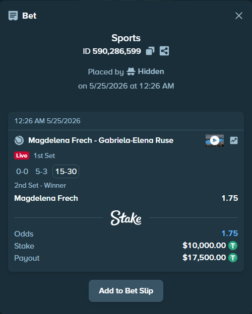 Bet slip: Magdelena Frech - Gabriela-Elena Ruse, $10,000.00 stake at 1.75 odds, placed by Hidden