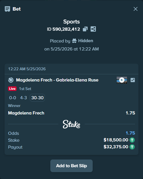Bet slip: Magdelena Frech - Gabriela-Elena Ruse, $18,500.00 stake at 1.75 odds, placed by Hidden
