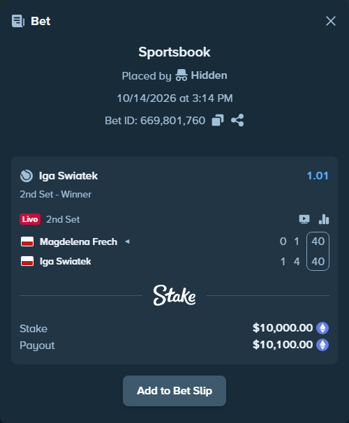 Bet slip: Magdelena Frech - Iga Swiatek, $9,980.28 stake at 1.01 odds, placed by Hidden