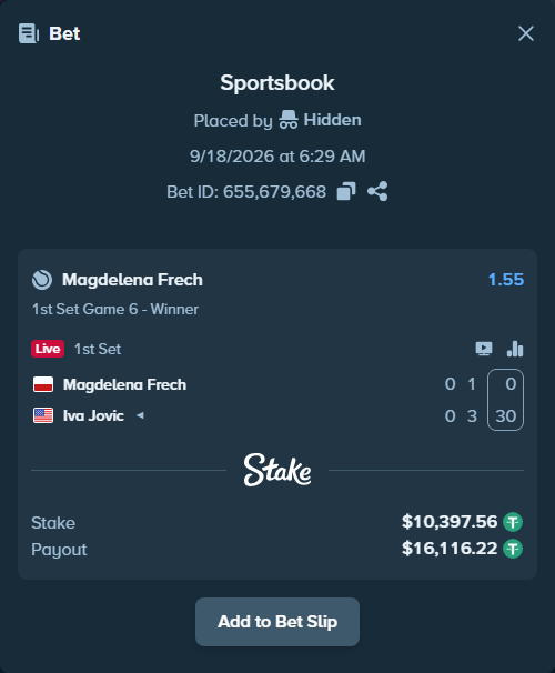 Bet slip: Magdelena Frech - Iva Jovic, $10,407.96 stake at 1.55 odds, placed by Hidden
