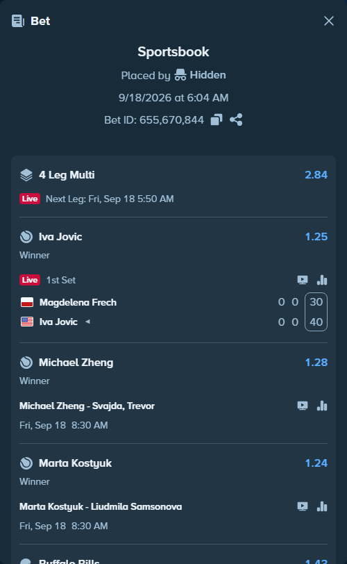 Bet slip: Magdelena Frech - Iva Jovic, $14,304.24 stake at 1.25 odds, placed by Hidden
