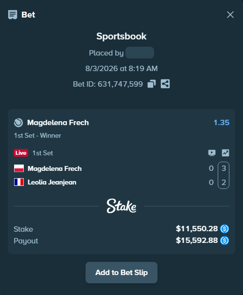 Bet slip: Magdelena Frech - Leolia Jeanjean, $11,550.28 stake at 1.35 odds, placed by Fekah4