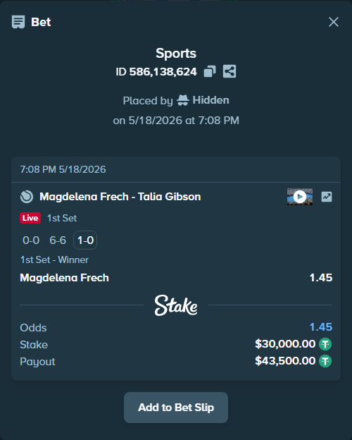 Bet slip: Magdelena Frech - Talia Gibson, $30,000.00 stake at 1.45 odds, placed by Hidden