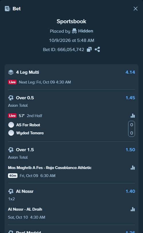 Bet slip: Maghreb AS de Fes - Raja Casablanca Athletic, $13,139.11 stake at 1.50 odds, placed by Hidden