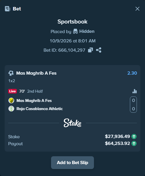 Bet slip: Maghreb AS de Fes - Raja Casablanca Athletic, $27,964.42 stake at 2.30 odds, placed by Hidden