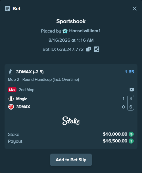 Bet slip: Magic - 3DMAX, $10,010.00 stake at 1.65 odds, placed by Hanselwilliam1