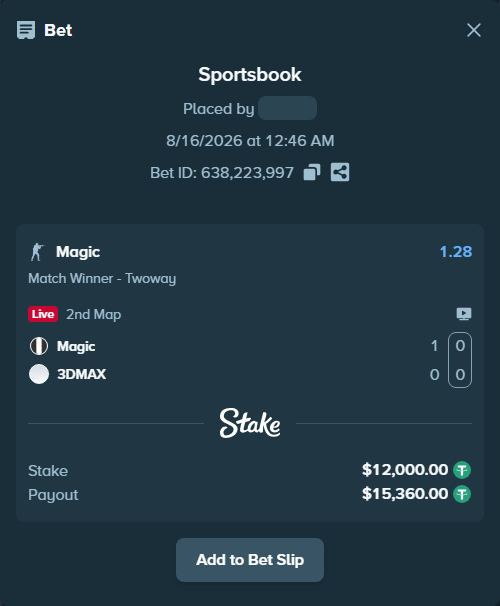 Bet slip: Magic - 3DMAX, $12,012.00 stake at 1.28 odds, placed by Marstokk