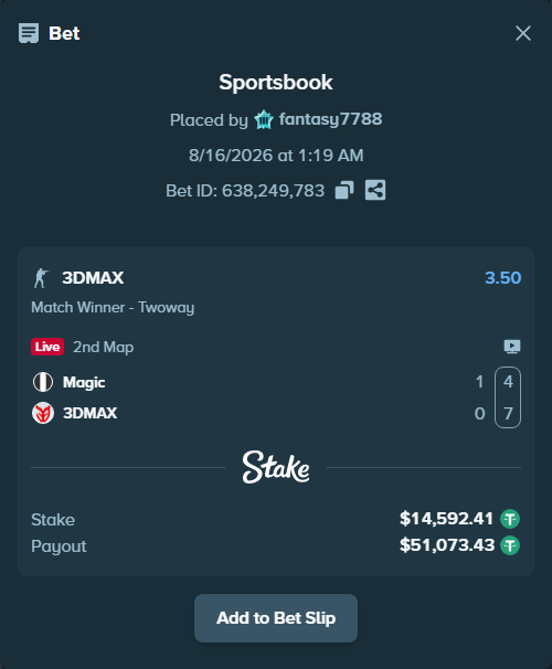 Bet slip: Magic - 3DMAX, $14,607.00 stake at 3.50 odds, placed by fantasy7788