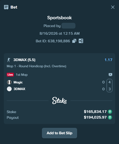 Bet slip: Magic - 3DMAX, $166,000.00 stake at 1.17 odds, placed by GoldenKot