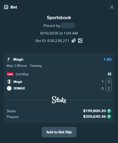 Bet slip: Magic - 3DMAX, $200,000.00 stake at 1.80 odds, placed by GoldenKot