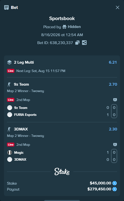 Bet slip: Magic - 3DMAX, $45,000.00 stake at 2.30 odds, placed by Hidden