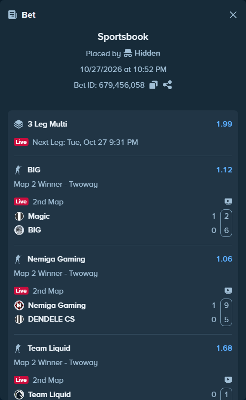 Bet slip: Magic - BIG, $10,050.00 stake at 1.12 odds, placed by Hidden