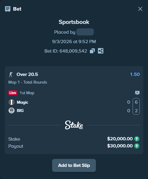 Bet slip: Magic - BIG, $20,000.00 stake at 1.50 odds, placed by saszakoncza