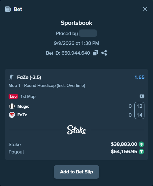 Bet slip: Magic - FaZe, $38,883.00 stake at 1.65 odds, placed by DooDLeZ1love