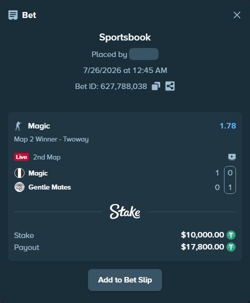 Bet slip: Magic - Gentle Mates, $10,000.00 stake at 1.78 odds, placed by vovakansk