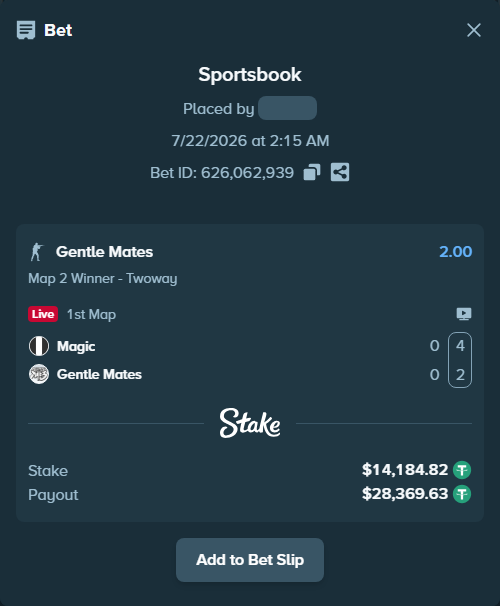 Bet slip: Magic - Gentle Mates, $14,199.00 stake at 2.00 odds, placed by oxorona