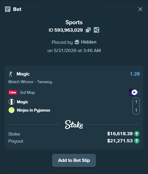 Bet slip: Magic - Ninjas in Pyjamas, $16,635.00 stake at 1.28 odds, placed by Hidden