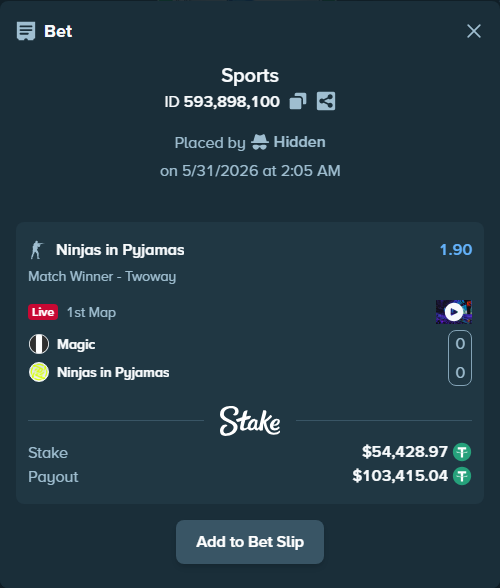Bet slip: Magic - Ninjas in Pyjamas, $54,483.40 stake at 1.90 odds, placed by Hidden
