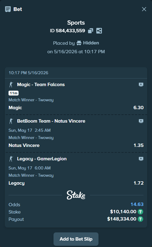 Bet slip: Magic - Team Falcons, $10,150.14 stake at 6.30 odds, placed by Hidden