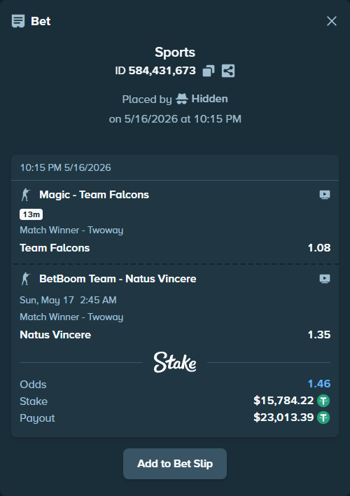 Bet slip: Magic - Team Falcons, $15,800.00 stake at 1.08 odds, placed by Hidden