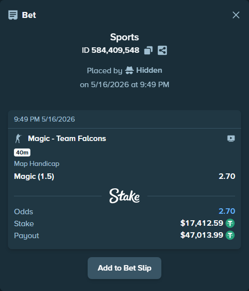 Bet slip: Magic - Team Falcons, $17,430.00 stake at 2.70 odds, placed by Hidden