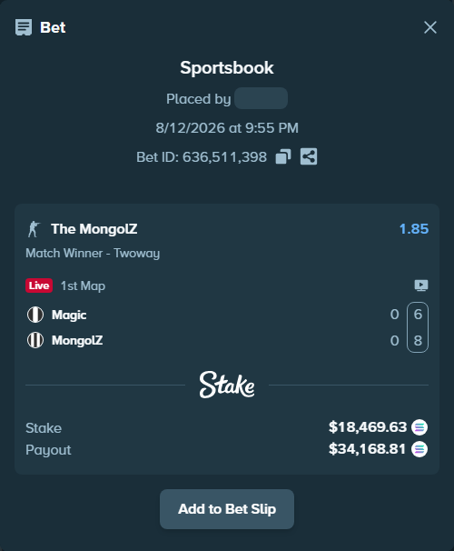 Bet slip: Magic - The MongolZ, $18,322.43 stake at 1.85 odds, placed by Mashko21