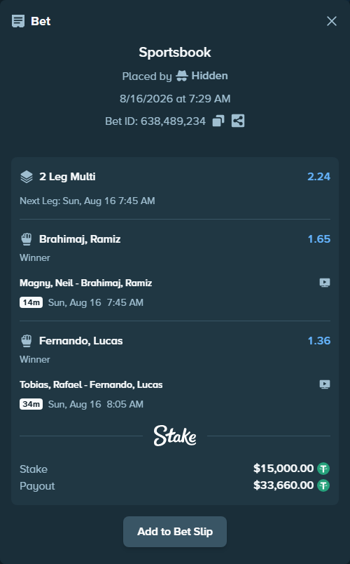 Bet slip: Magny, Neil - Brahimaj, Ramiz, $15,015.00 stake at 1.65 odds, placed by Hidden