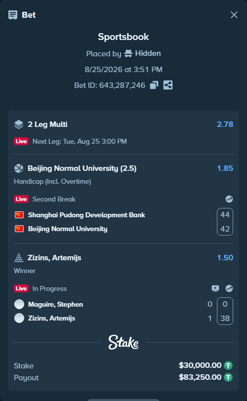 Bet slip: Maguire, Stephen - Zizins, Artemijs, $30,000.00 stake at 1.50 odds, placed by Hidden