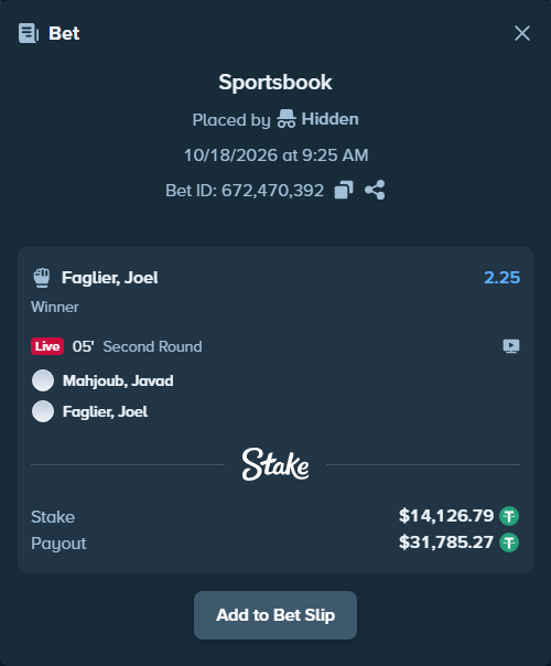 Bet slip: Mahjoub, Javad - Faglier, Joel, $14,140.91 stake at 2.25 odds, placed by theoutlaw