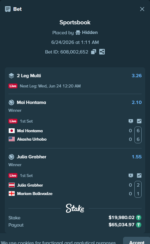 Bet slip: Mai Hontama - Akasha Urhobo, $20,000.00 stake at 2.10 odds, placed by Hidden