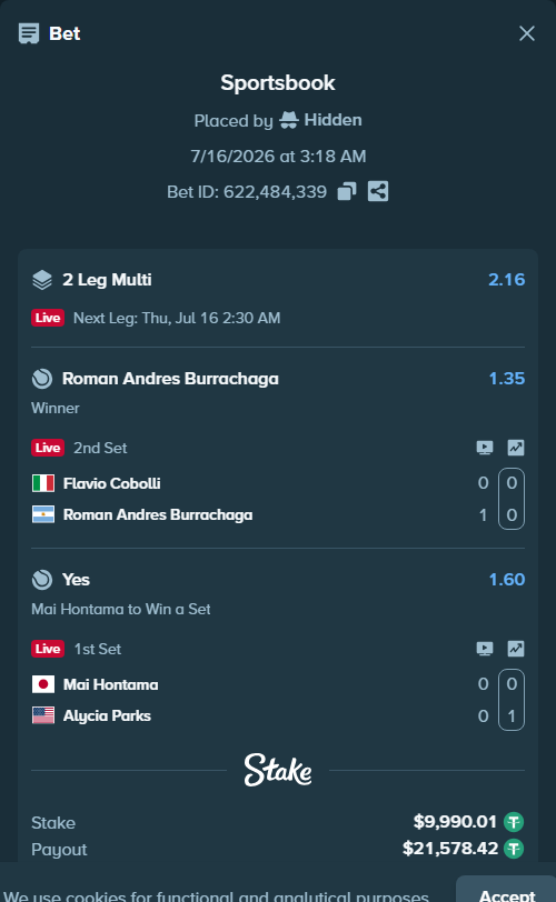 Bet slip: Mai Hontama - Alycia Parks, $10,000.00 stake at 1.60 odds, placed by Hidden