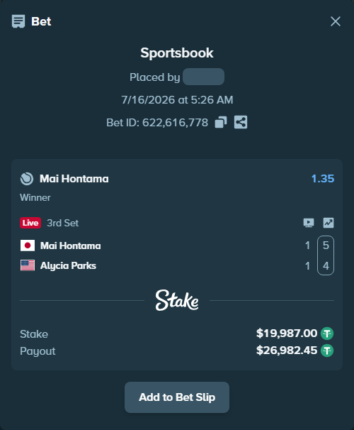 Bet slip: Mai Hontama - Alycia Parks, $19,987.00 stake at 1.35 odds, placed by WinTr10