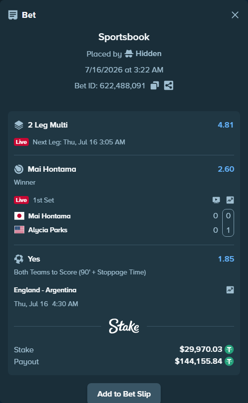 Bet slip: Mai Hontama - Alycia Parks, $30,000.00 stake at 2.60 odds, placed by Hidden