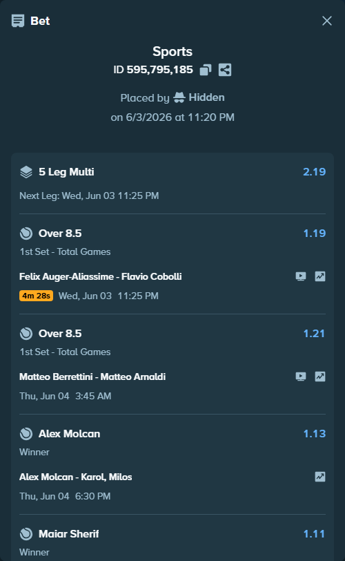 Bet slip: Maiar Sherif - Georgia Pedone, $221,607.28 stake at 1.11 odds, placed by Hidden