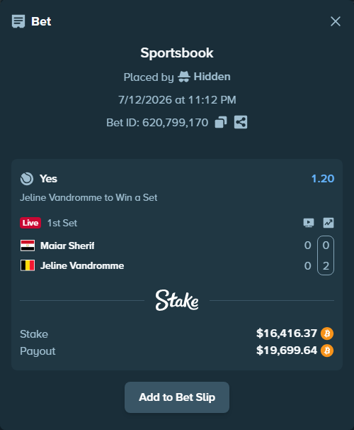 Bet slip: Maiar Sherif - Jeline Vandromme, $16,494.19 stake at 1.20 odds, placed by Hidden